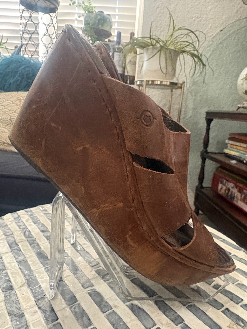 Y2K Born Brown Leather Wedge Mules Open-Toe Slide Clogs size 7